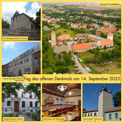 Bild vergr&ouml;&szlig;ern: Collage mit Bild der Burg Freckleben, Margarethenkirche und anderen Geb�ude in Aschersleben