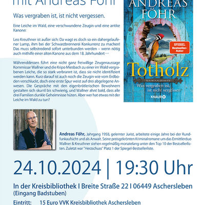Der Bestsellerautor Andreas Föhr liest in der Bibliothek Aschersleben aus seinem neuesten Krimi. 